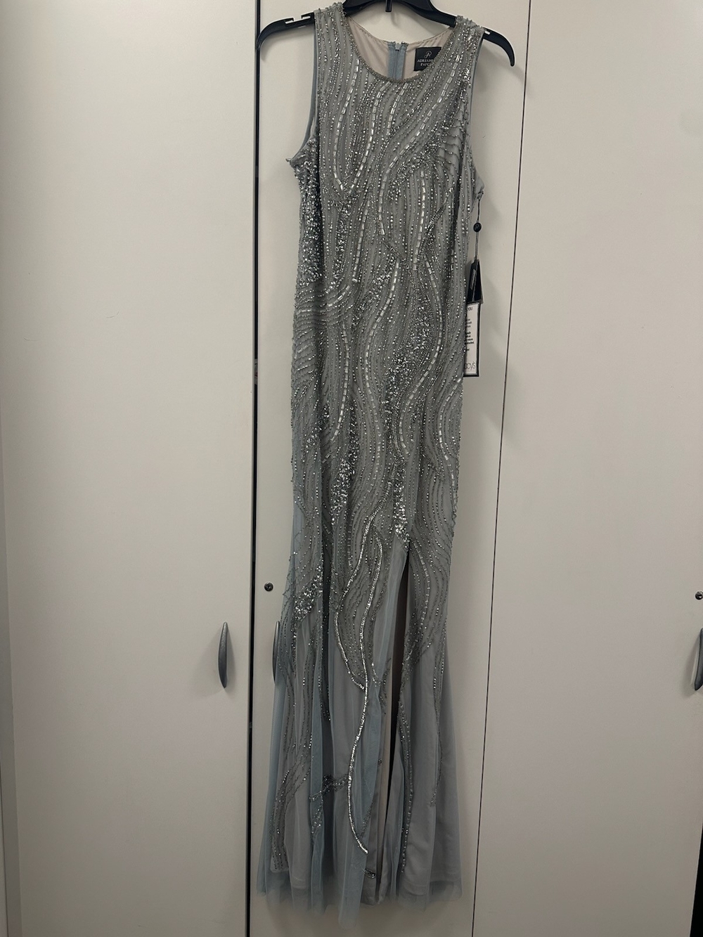 Adrianna Papell Silver Beaded Sleeveless Maxi Gown